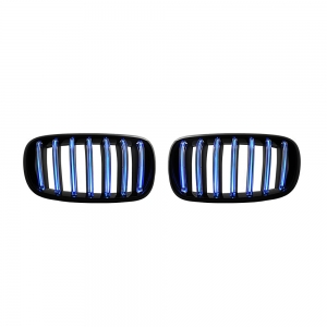 Single Slat+Shiny Black+LED Blue Bar Front Grille for BMW X5(F15) X6(F16), ABS